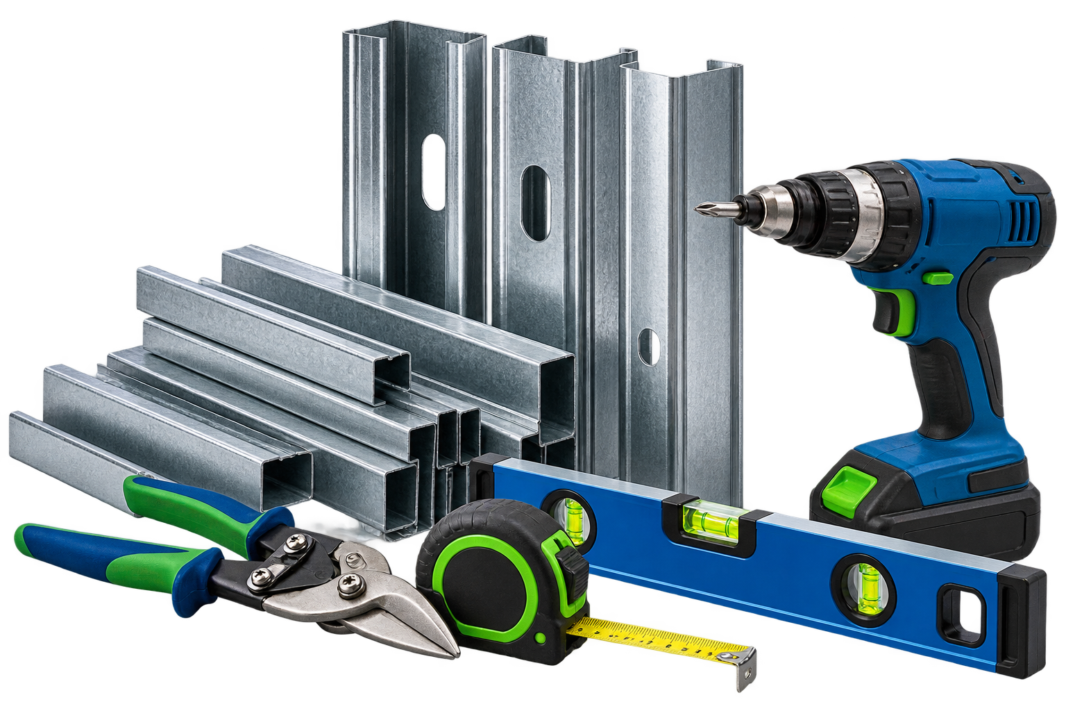 Metal framing studs and installation tools